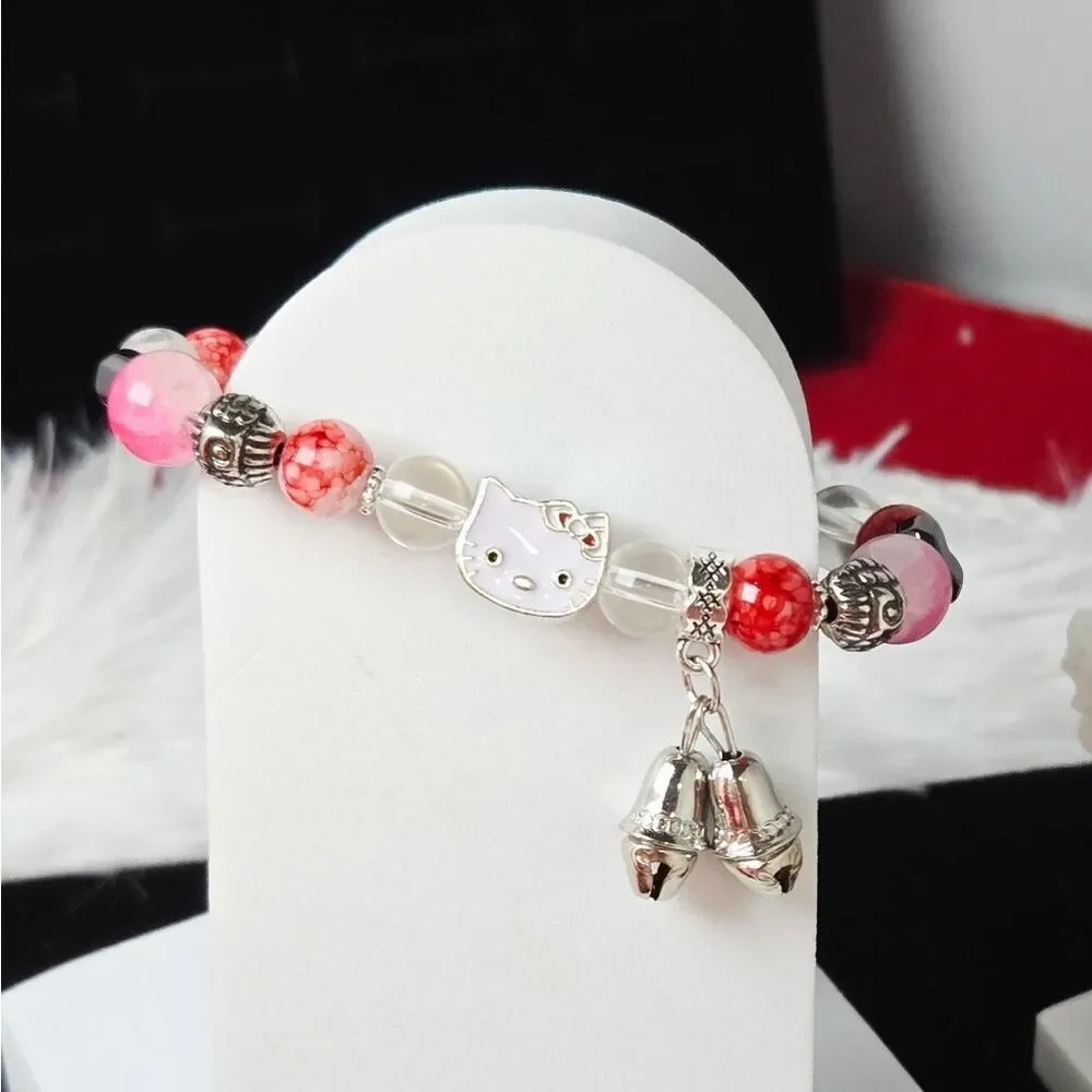Hello Kitty Beaded Bracelet Pink Marble Resin Hematite Heart Bell Charm Kawaii